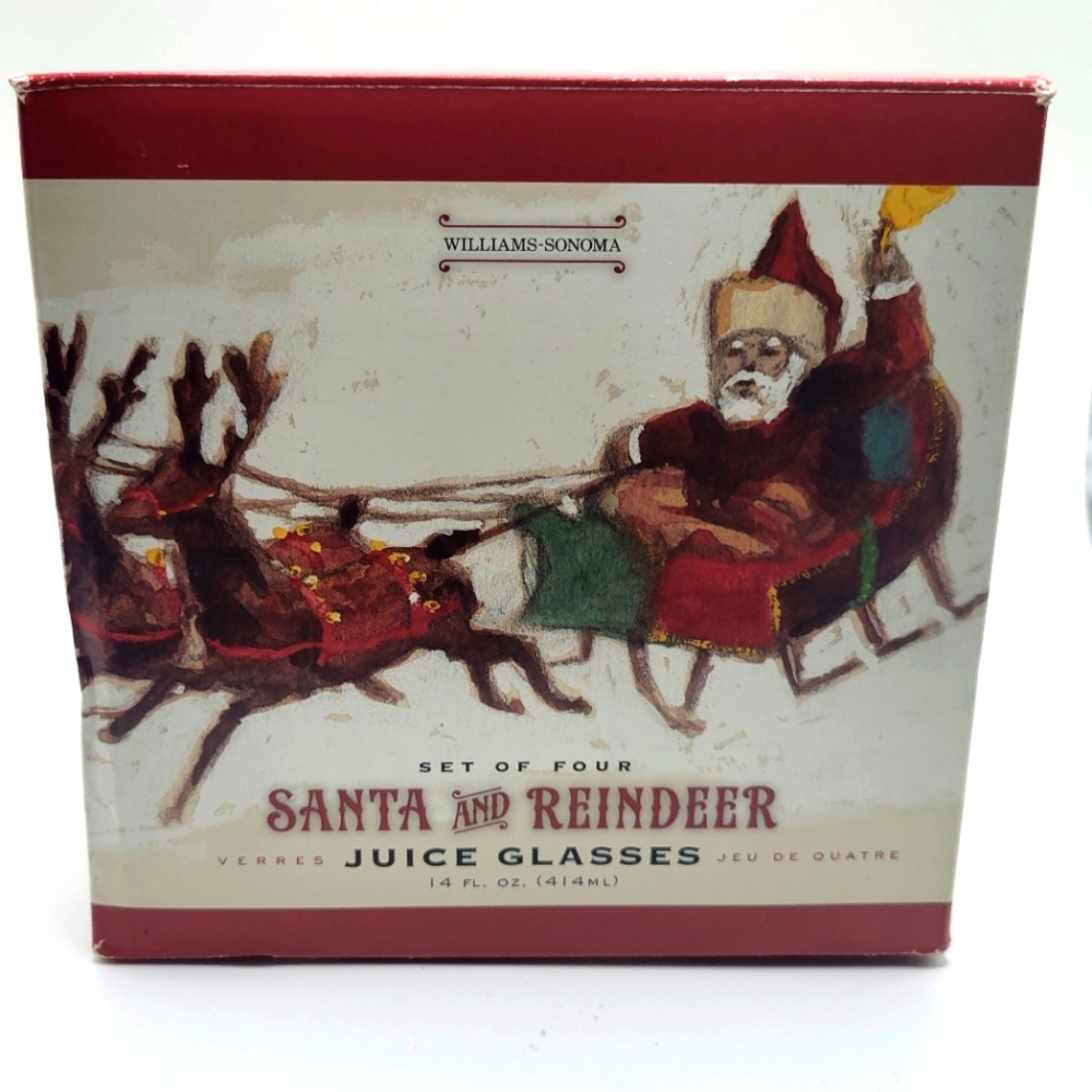 Williams Sonoma Set Of 4 Santa & Reindeer Juice 14oz Glasses In Box